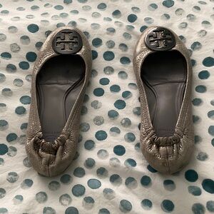 Tory Burch Metallic Taupe Ballet Flats with Logo Medallion